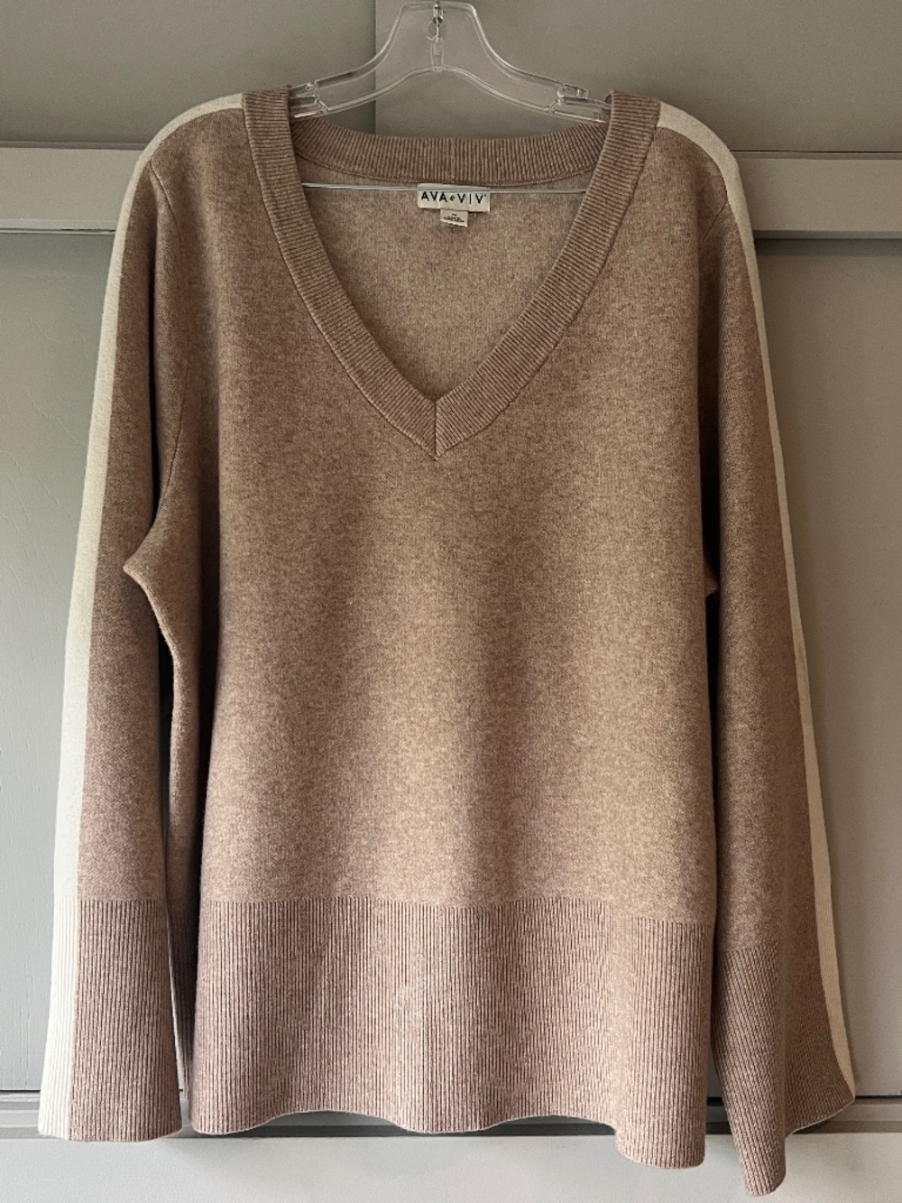 Ava & Viv Taupe & Cream Side Stripe V-Neck Sweater 1X